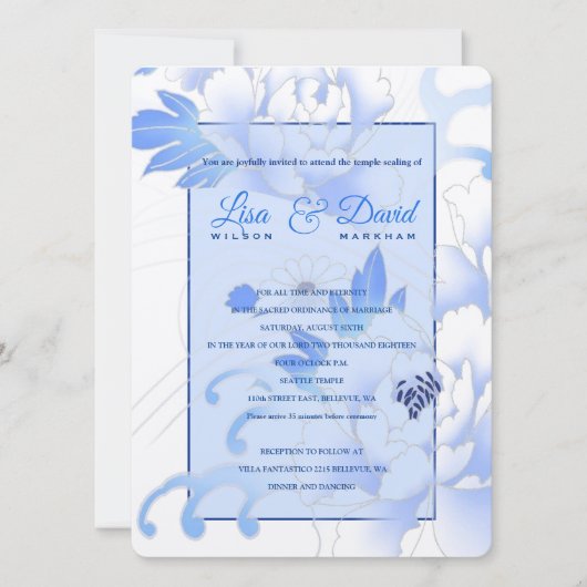 Invitation Temple Mariage & Réception Invitation-Blue Peonies (Devant)