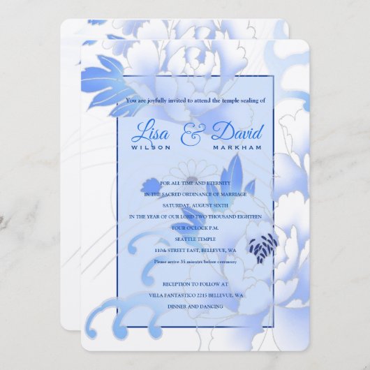 Invitation Temple Mariage & Réception Invitation-Blue Peonies (Devant / Derrière)