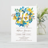 Invitation Temple moderne bleu jaune floral chic photo Sweet (Debout devant)