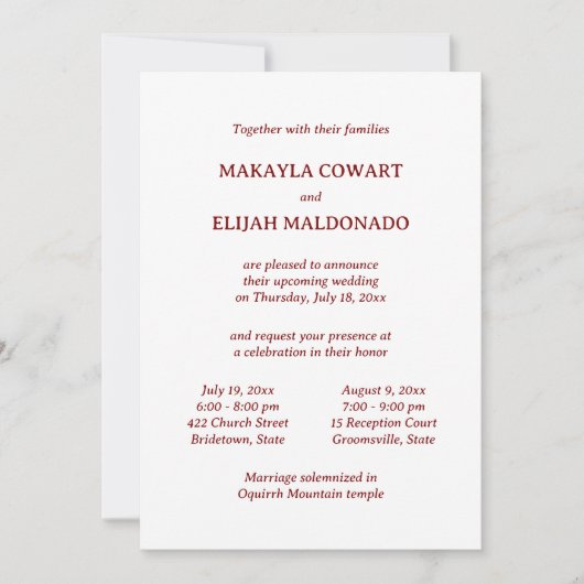 Invitation Temple rouge/blanc minimal Mariage Deux Réception (Devant)