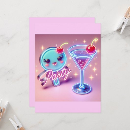 Invitation Temps de Fête Rose Néon (Devant/Arrière en situation)