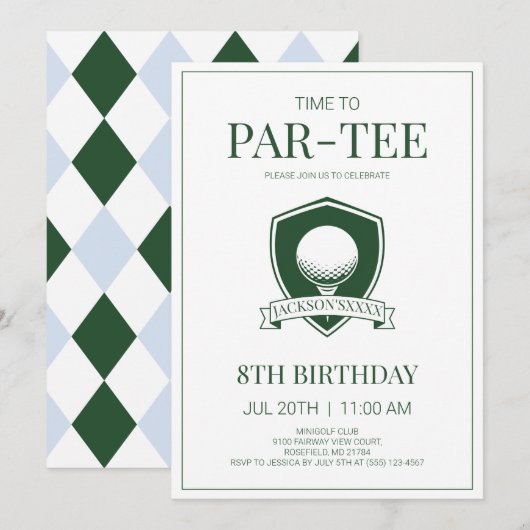 Invitation Temps de Par-Tee Green Blue Golf 8e fête d'anniver (Devant / Derrière)