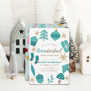 Invitation Temps le plus merveilleux Noël Vert 1er anniversai