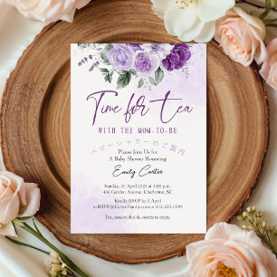 Invitation Temps pour le Baby shower de thé Purple Floral Aqu
