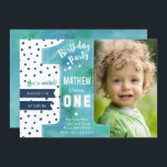 Invitation Tendance | Bleu | Aquarelle | Premier anniversaire<br><div class="desc">Une invitation branchée pour votre petit garçon qui a un an,  avec un gros Un en aquarelle et des points arrière - plan</div>