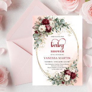 Invitation Tendance Boho Rouge Floral Accent Doré Baby Shower
