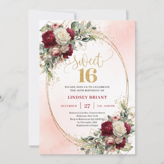 Invitation Tendance Boho Rouge Profond Fleurs Dorées 16e Anni (Devant)