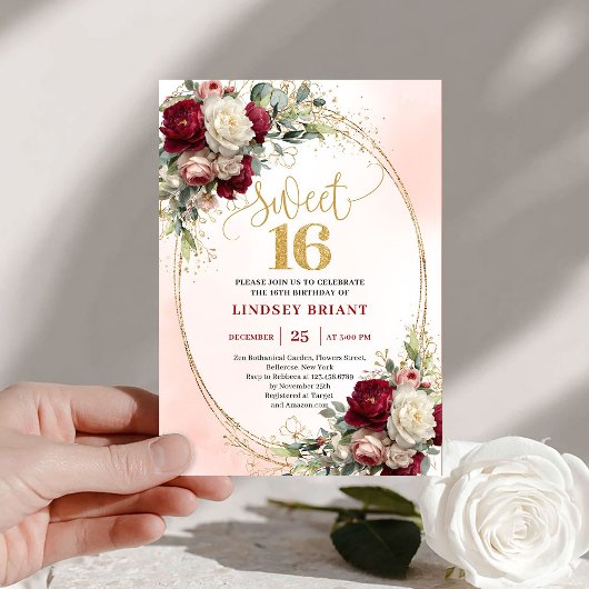 Invitation Tendance Boho Rouge Profond Fleurs Dorées 16e Anni