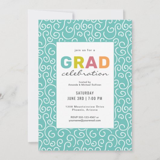 Invitation Tendance coloré Lettres Moderne Grad Party (Dos)