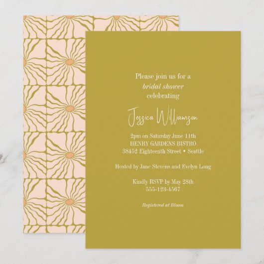 Invitation Tendance douche botanique chartreuse rétro groovy (Devant / Derrière)