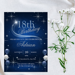 Invitation Tendance Élégant Bleu Argent Anniversaire