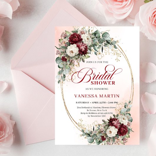 Invitation Tendance Fleur Mariage Marron Rouge Accent Doré