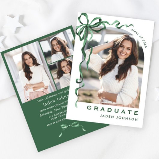Invitation Tendance Green Bow Ruban 4 PHOTO Graduation Party