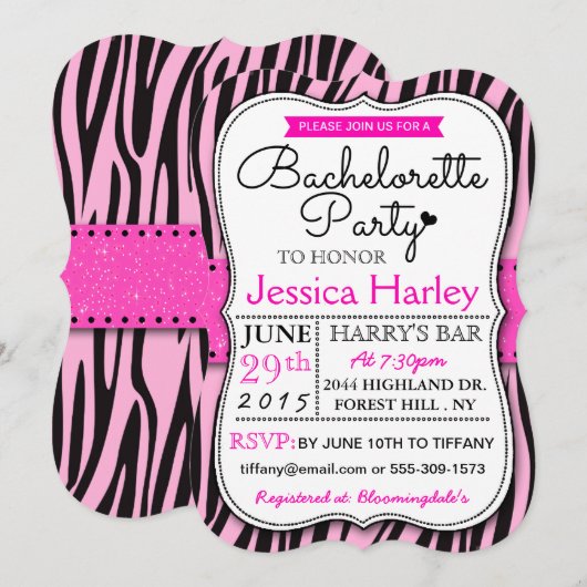 Invitation Tendance Hot rose Zabra Print Bachelorette Party (Devant / Derrière)