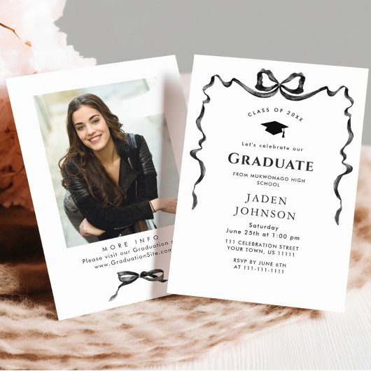 Invitation Tendance Neutral Bow Ribbon Fête de Graduation PHO