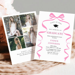 Invitation Tendance Pink Bow Ribbon 4 PHOTO Graduation Party