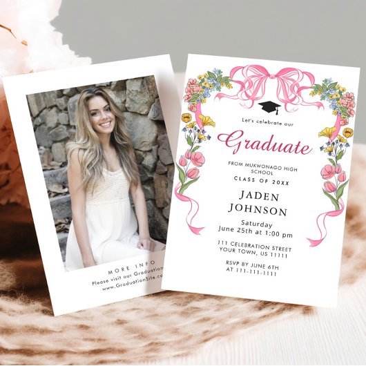 Invitation Tendance Pink Bow Ribbon Fête de graduation