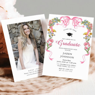 Invitation Tendance Pink Bow Ribbon Fête de graduation
