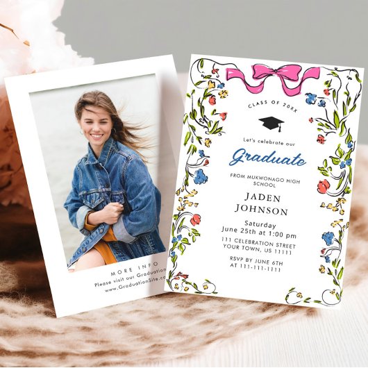 Invitation Tendance Pink Bow Ribbon Fête de graduation