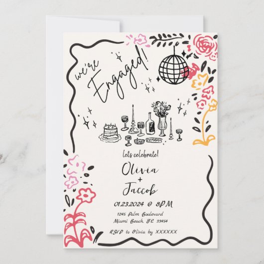 Invitation Tendance Quirky Fun Main tiré Wavy Engagement Part (Devant)