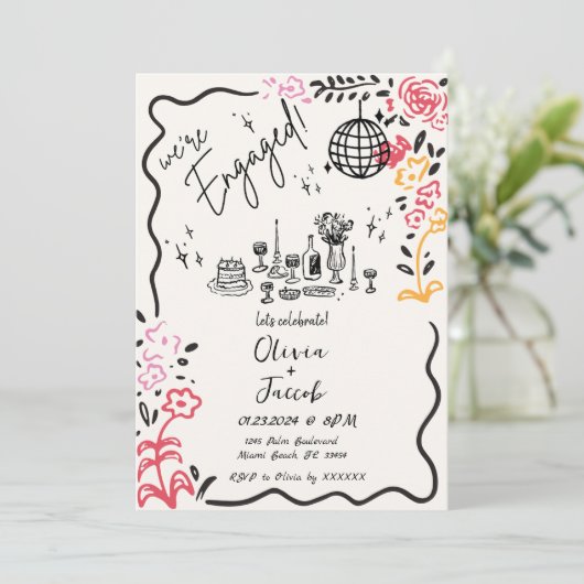 Invitation Tendance Quirky Fun Main tiré Wavy Engagement Part (Debout devant)