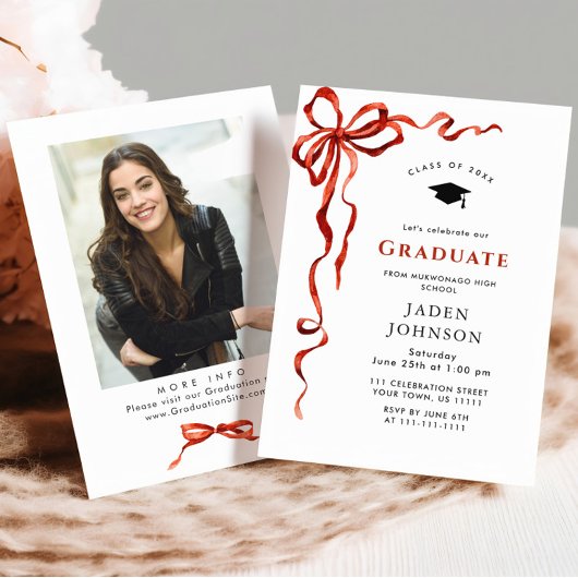 Invitation Tendance Red Bow Ribbon Fête de graduation PHOTO