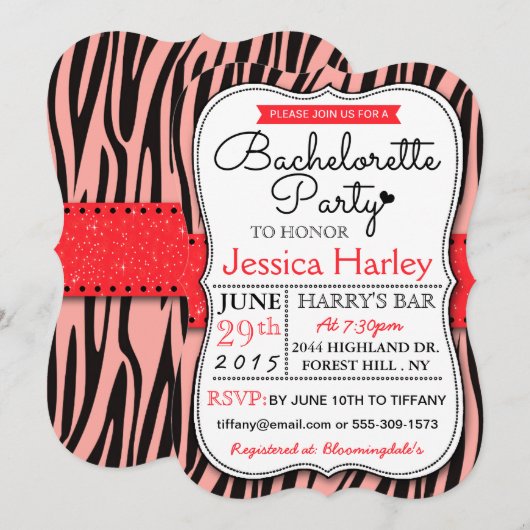 Invitation Tendance Red Zabra Print Bachelorette Party (Devant / Derrière)