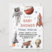 Invitation Tendance Rocket Ship Space Galaxy Alien Baby showe (Devant)