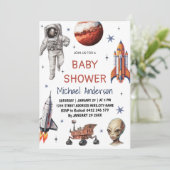 Invitation Tendance Rocket Ship Space Galaxy Alien Baby showe (Debout devant)