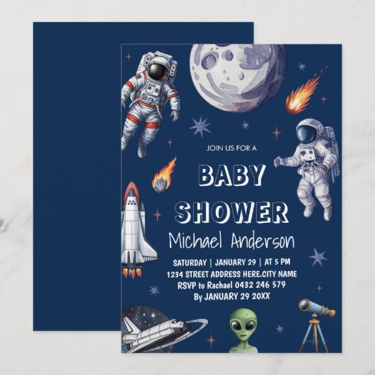 Invitation Tendance Rocket Ship Space Galaxy Alien Baby showe (Devant / Derrière)