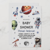 Invitation Tendance Rocket Ship Space Galaxy Alien Baby showe (Devant / Derrière)