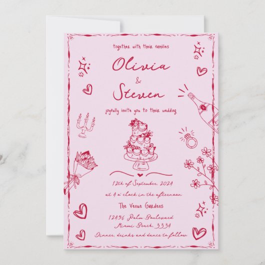 Invitation Tendance rose main tiré Quirky Scribble Mariage (Devant)
