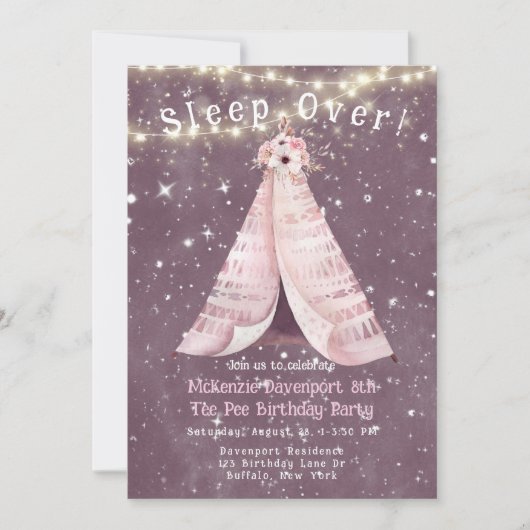 Invitation Tendance rose violet Tee Pee Fille Anniversaire (Devant)