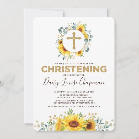 Invitation Tendance Tournesol Vert Jaune Or Christening (Devant)