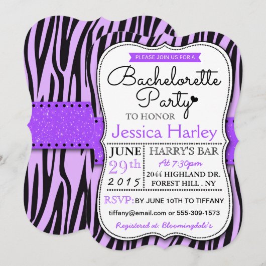 Invitation Tendance violet Zabra Print Bachelorette Party (Devant / Derrière)