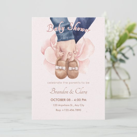 Invitation Tenir les mains avec chaussures bébé baby shower n (Debout devant)