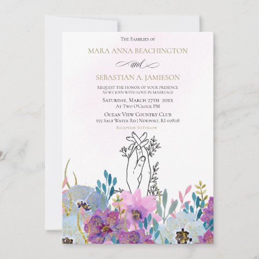 Invitation *~* Tenir les mains Pink Flowers Mariage de Partie (Devant)