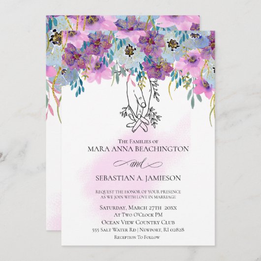 Invitation *~* Tenir les mains rose Fleurs Mariage blanc (Devant / Derrière)
