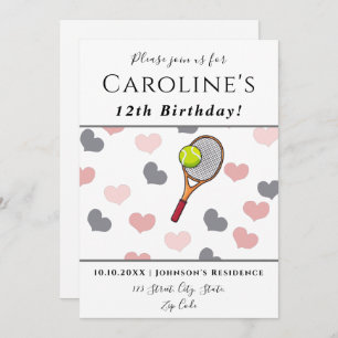 Invitation Tennis Amour Coeurs romantiques Pink & Grey Fête p