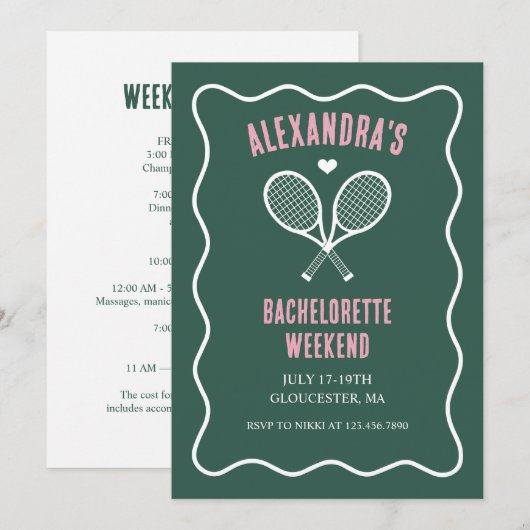 Invitation Tennis Bachelorette party preppy green (Devant / Derrière)