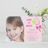 Invitation Tennis Coquette Pink Bow Photo Girl Anniversaire (Debout devant)