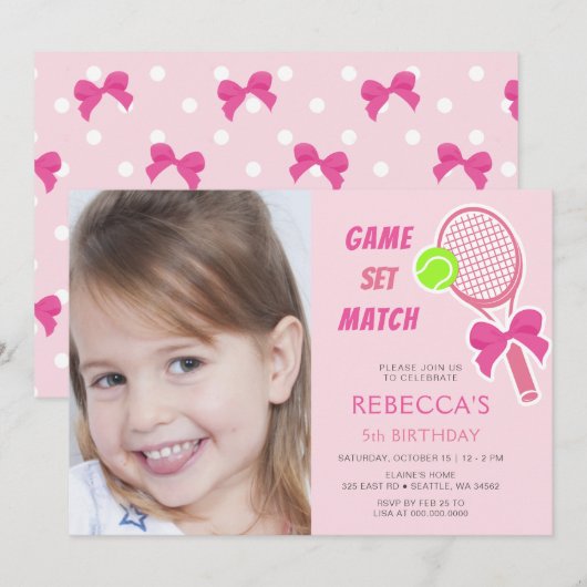 Invitation Tennis Coquette Pink Bow Photo Girl Anniversaire (Devant / Derrière)