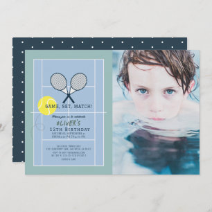 Invitation Tennis Court Racquet Blue Boy Photo Anniversaire