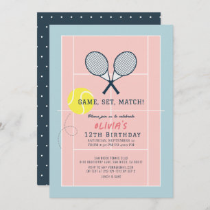 Invitation Tennis Court Racquet Rose Girl Anniversaire