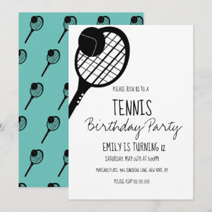 Invitation Tennis minimaliste Sports Anniversaire Noir Blanc