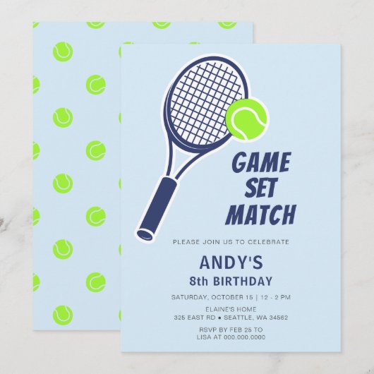 Invitation Tennis Racquet Blue Boys Anniversaire (Devant / Derrière)