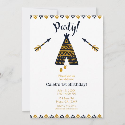 Invitation Tente bleue et dorée Bohème Moderne pour fête d'an (Devant)