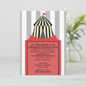 Invitation Tente de cirque noir et blanc avec billet rouge An (Debout devant)