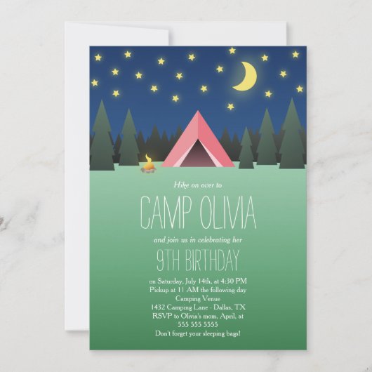 Invitation Tente rose sous le camping d'anniversaire (Devant)