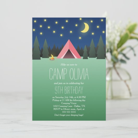Invitation Tente rose sous le camping d'anniversaire (Debout devant)